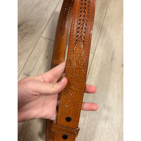 Vintage Tan Floral Tooled Leather Western Belt Woven Detail Size 32 - Image 3