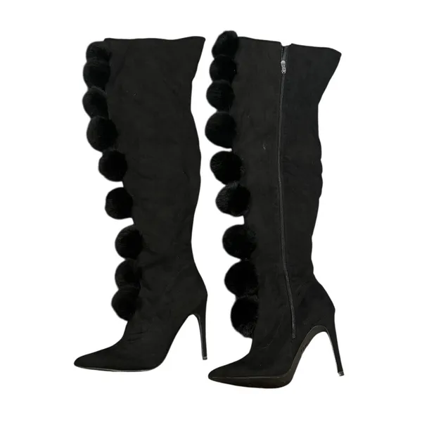 Cape Robbin Black Pom-Pom Knee-High Stiletto Boots 8.5 - Image 4