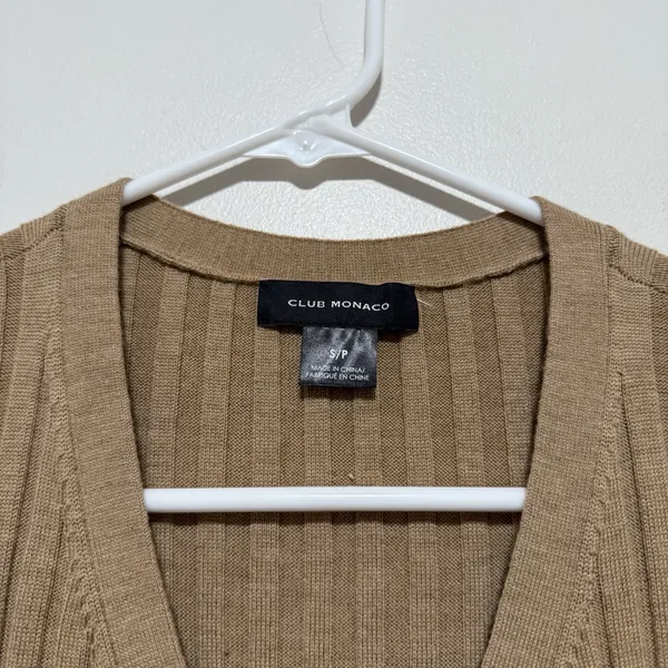 Club Monaco Camel Rib Knit Cardigan‎ Midi Sweater V-Neck Dress Size Small - Image 6
