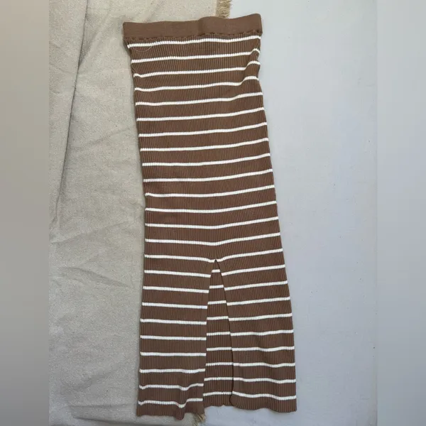 Freshman 1996 Brown Striped Ribbed Knit Long Pull On Skirt with Slit Size XS - Image 2