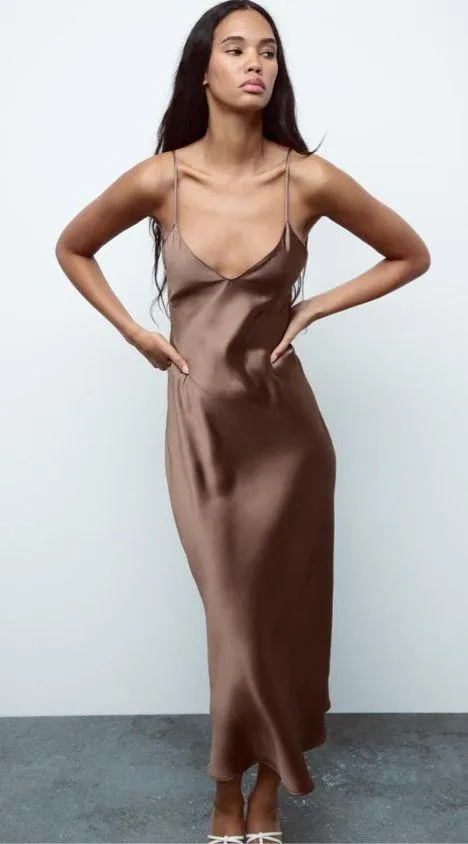 ZARA dress midi maxi satin wedding chocolate brown party cocktail - Image 20