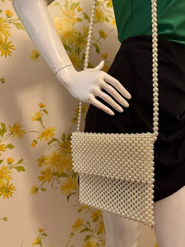 Pearl Beaded Crossbody Bag in Cream - Image 3