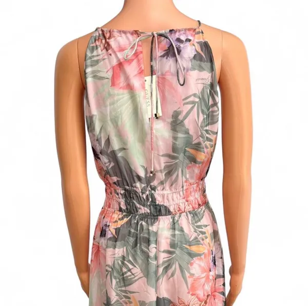 Guess multicoloured floral maxi dress Size S. Lightweight halter maxi with a tropical floral print. Blush pink and soft green tones. Elastic waist for a flattering fit. Sleeveless and flowy for warm days. - Image 4