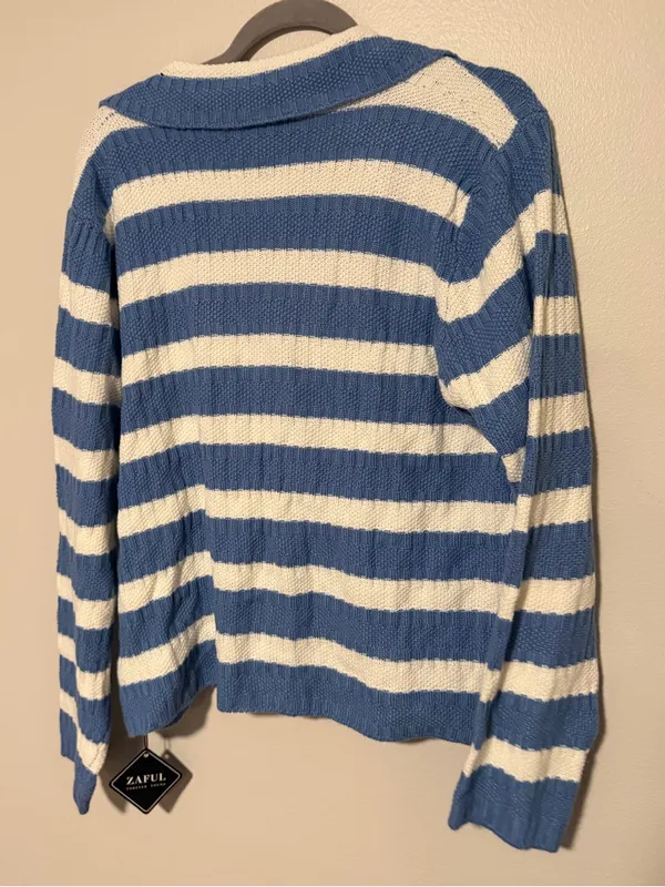 Zaful Blue White Striped Knit Cardigan Collared Button Up Coastal Preppy XL - Image 3