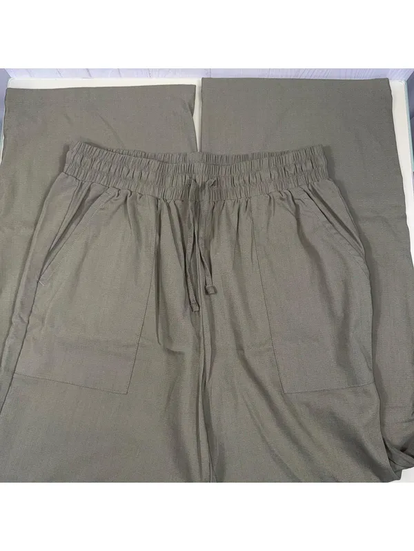 Women’s Olive Green Linen Blend Wide Leg Pull On Pants Medium 29x28 - Image 5