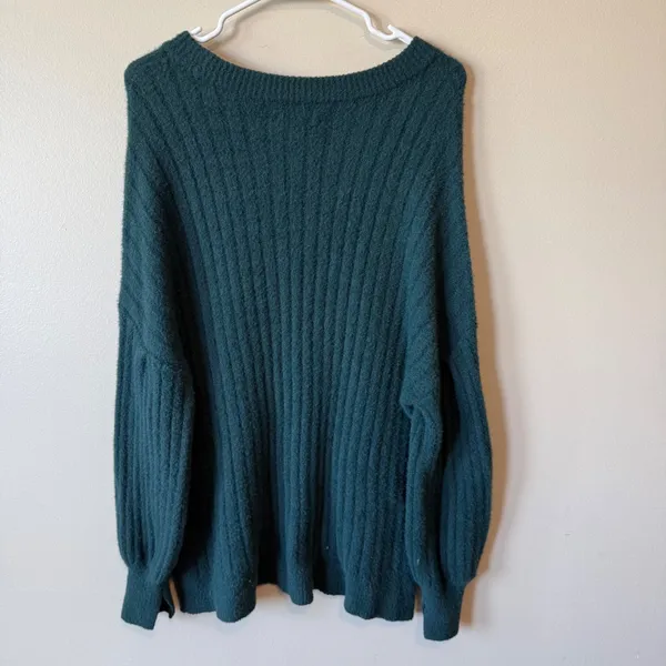 Aerie Womens Sweater S Green Ribbed Knit Balloon Sleeve Thumbhole Slit Crewneck - Image 6