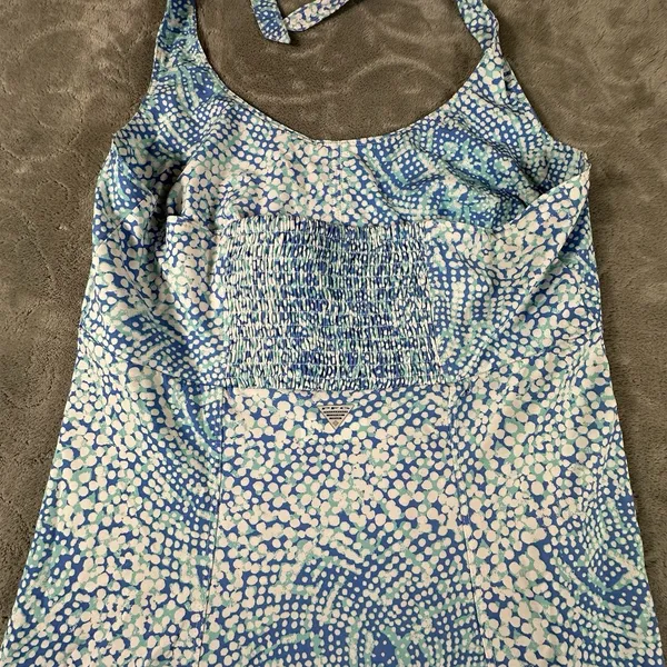 Columbia PFG Halter Dress Medium Blue Aqua Print Smocked Back Beach Sundress - Image 5