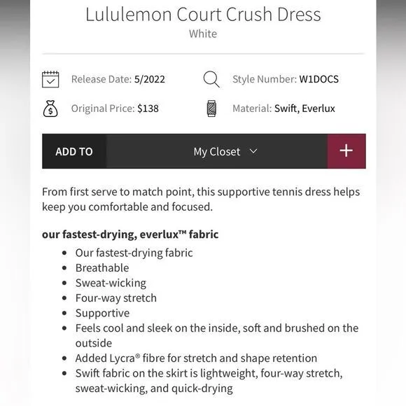Lululemon Women’s‎ Size 2 Court Crush Tennis Dress Solid White Sporty New - Image 11