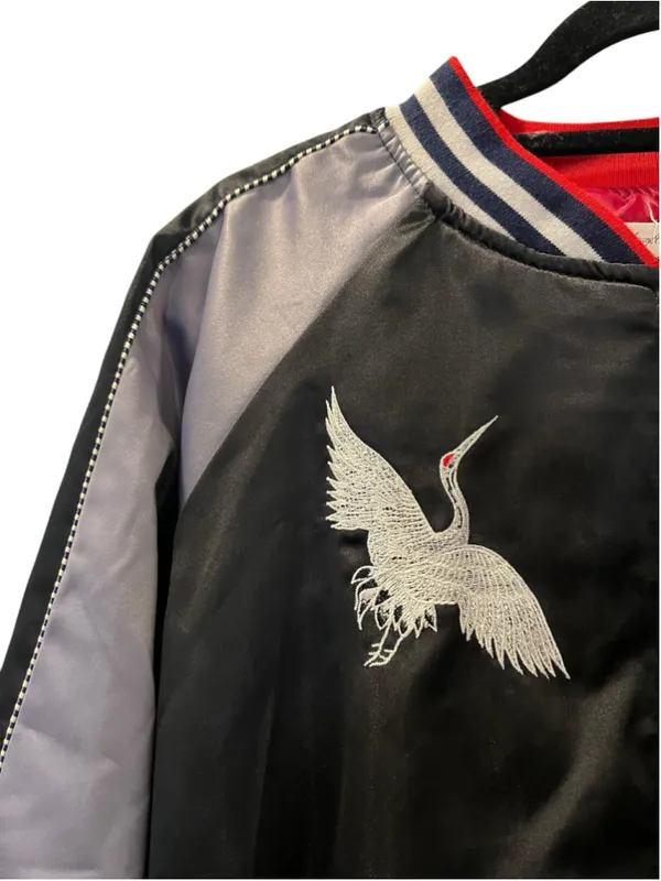 Vintage Style Japanese Sukajan Souvenir Jacket Crane Embroidery Black Satin XXL - Image 4