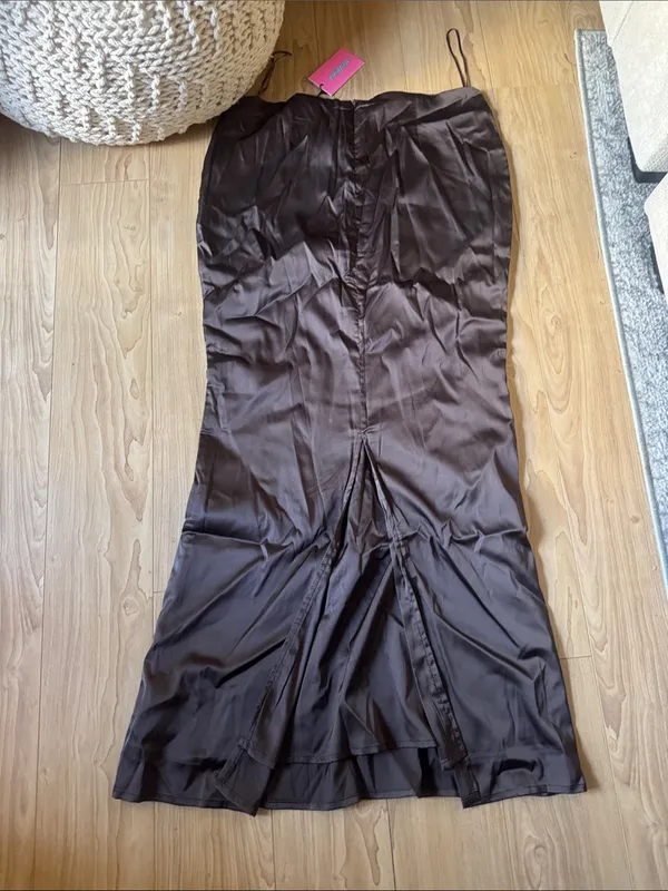 Edikted Chocolate Brown Satin Slip Skirt - Image 3