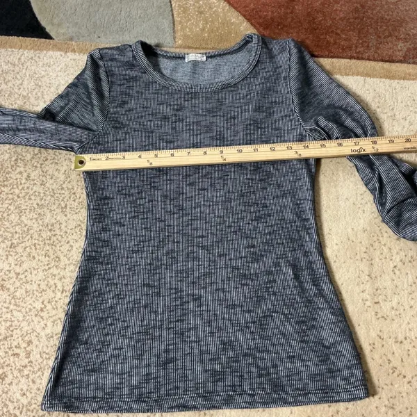 Free People Ruched Sleeve Striped Top Women Small Grey Space Dye Ribbed Knit Tee - Image 3