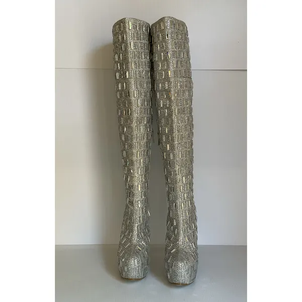 Shiekh Silver Rhinestone Over Knee High Heel Boots Women’s Size 6 Glam Party - Image 3
