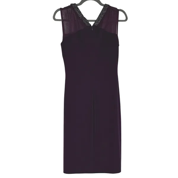 Lauren Ralph Lauren Purple Beaded Mesh V-Neck Ruched Sheath Dress‎ 10 Party - Image 2