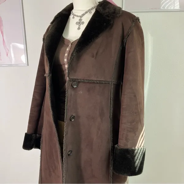 Vintage 90s Cache Brown Suede Penny‎ Lane Fur Trim Coat Old Money Womens Small - Image 2