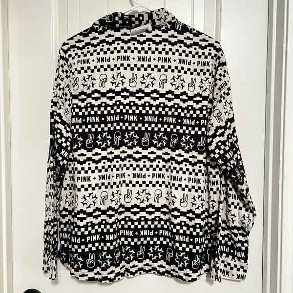 Victorias Secret Pink Womens Pajama Top Medium Black White Peace Sign Motif NWOT - Image 3