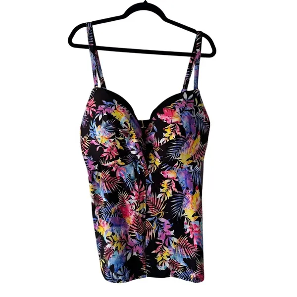 Fullfitall Women Tropical Palm Print Tankini Top Black Multicolor‎ Size 24 NWT - Image 4