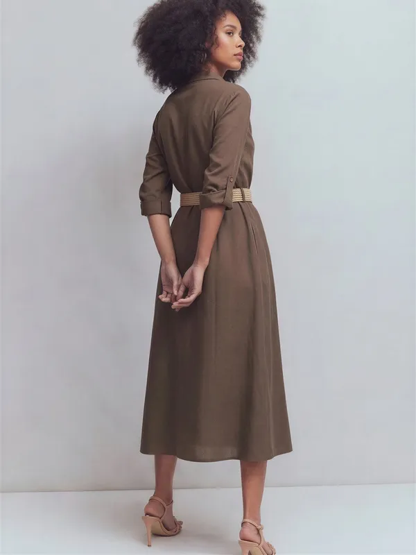 NWOT Love Tree Linen Blend Utility Shirt Dress Brown Midi Sz Medium Missing Belt - Image 4