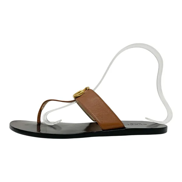 Gucci Marmont GG Brown Leather Thong Sandals Gold Logo Flats EU 37.5 - Image 2
