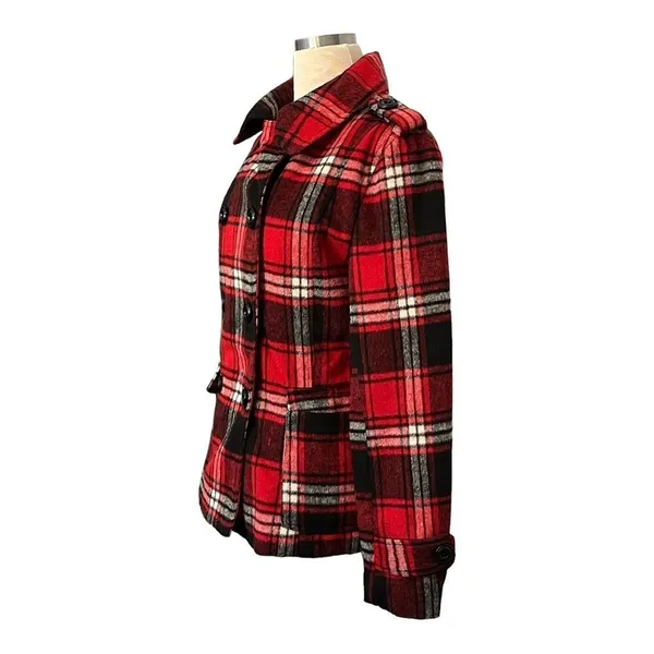 Cocoa Platinum Womens Red Black Plaid‎ Wool Blend Double Breasted Peacoat Size M - Image 3