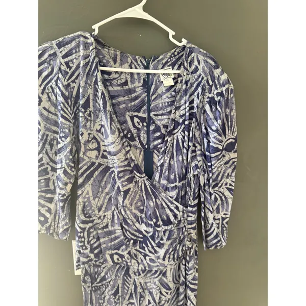 Oops California Vintage 80s Blue Abstract Batik Rayon Wrap‎ Midi Dress 13/14 - Image 3