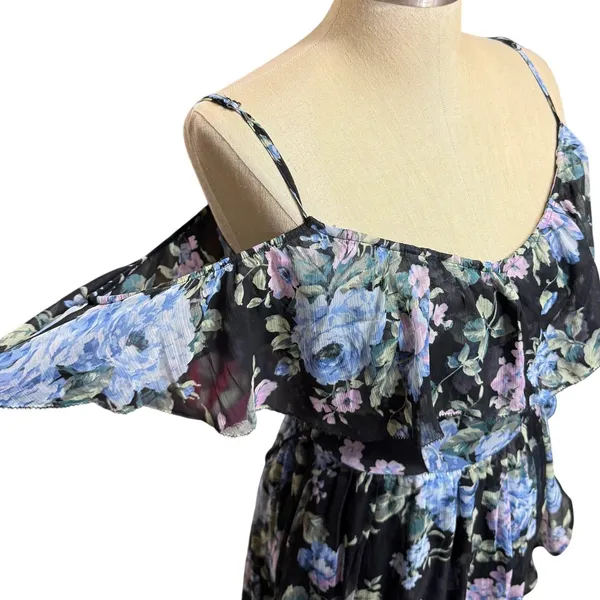 Abercrombie & Fitch S Floral High-Low Off-Shoulder Dress Blue Cottagecore Summer - Image 3