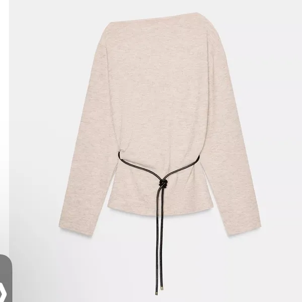 Zara NWT asymmetrical long sleeve top faux leather tie belt light beige marl - Image 7