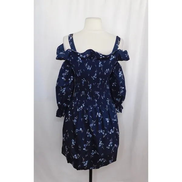 Revolve‎ REBECCA TAYLOR Francine Off Shoulder Dress Floral Smocked Navy Blue 0 - Image 8