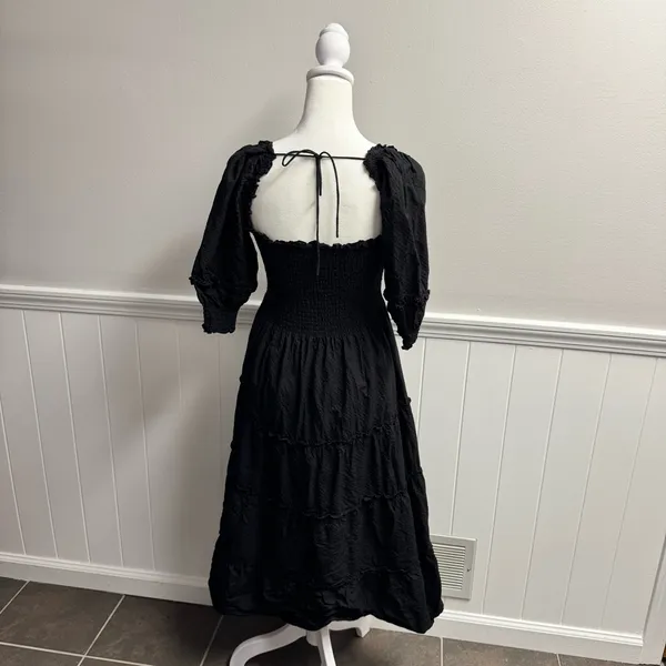 Hill House Nesli Nap Dress Short Puff Sleeve Swiss Dot Tiered Midi Black Small S - Image 13