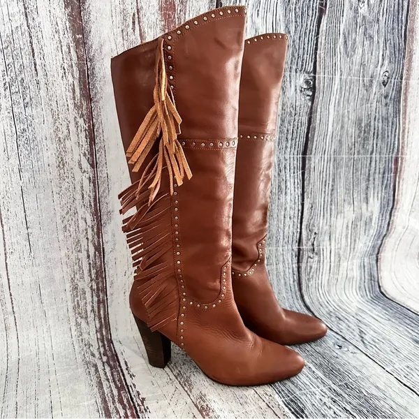 Vintage Nicole Genuine Leather Fringe Tall Heeled Boots​ - Image 4