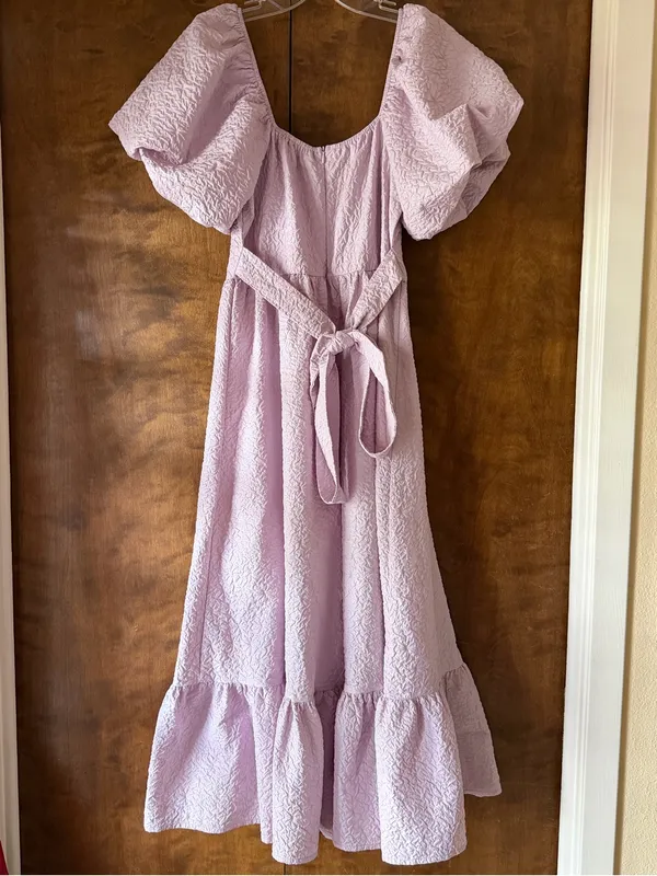 Simplee Lavender Puff Sleeve Pearl Trim Midi Dress Sweetheart Tiered Ruffle S - Image 7