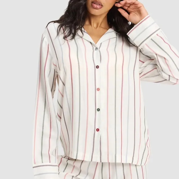 Cozy Earth Woven Long Sleeve Pajama Top Cottage Stripe Size Medium - Image 2