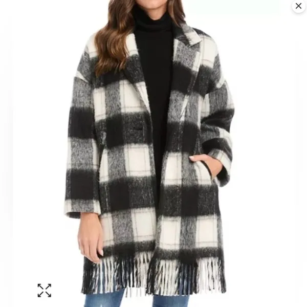 Karen Kane Plaid Fringe Jacket Black White Button Notch Collar Wool Blend S - Image 2