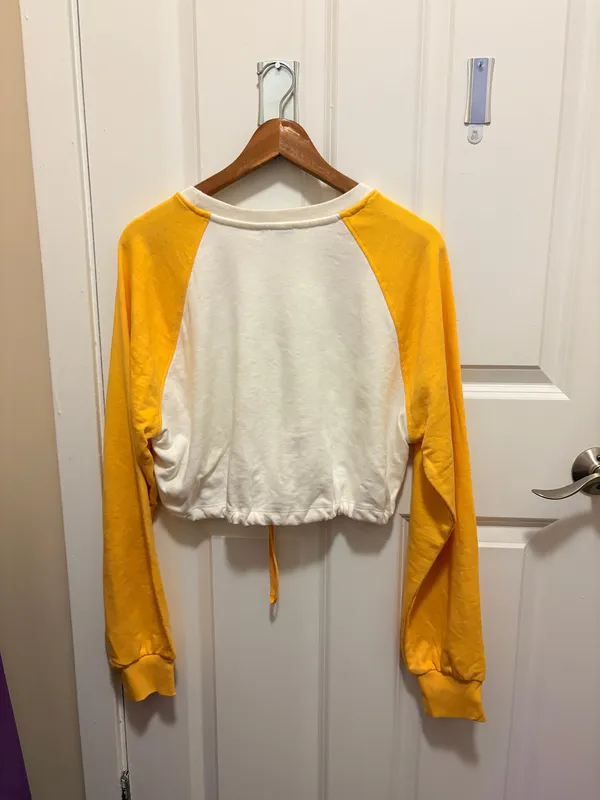 Bershka Yellow White Raglan Long Sleeve Crop Sweatshirt Drawstring Hem - Image 7