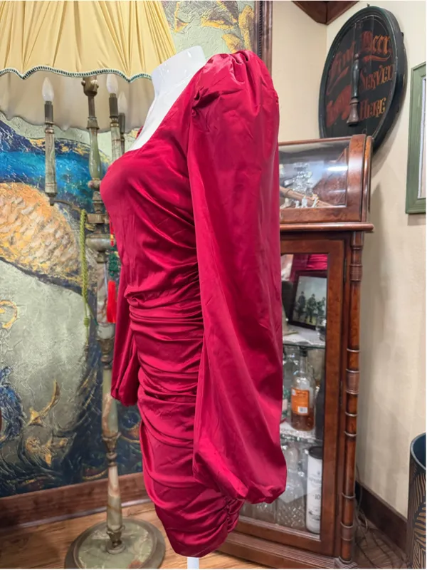 Oh Polly Mini Dress Red Satin Ruched Square Neck Puff Sleeve Cocktail Size 8 M - Image 4