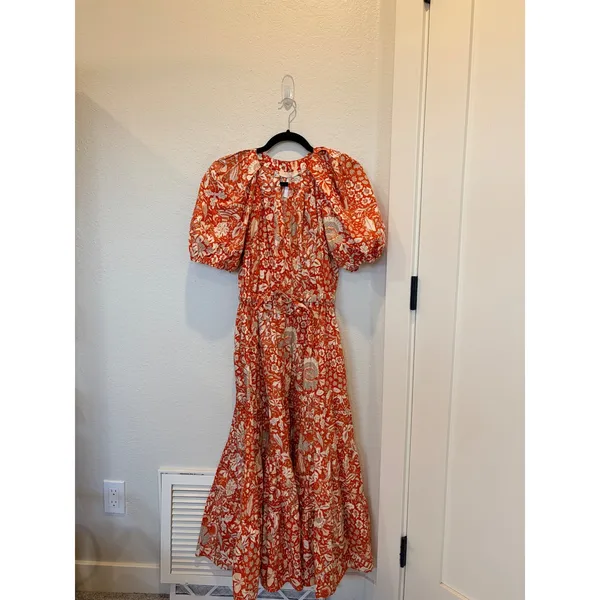 Ulla Johnson Olina Dress Orange White Floral Puff Sleeve Tiered Midi Dress Sz 2 - Image 2