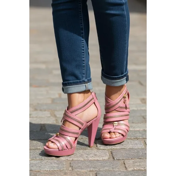 Pour‎ la Victoire VERO CUOIO Maroon Platform Strappy Gold Zipper Heels Size 8 - Image 3
