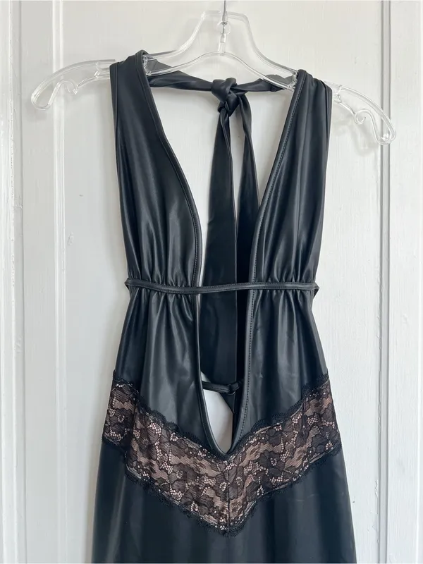 I AM GIA • Astora Maxi Dress black faux leather illusion lace plunge halter sexy - Image 4