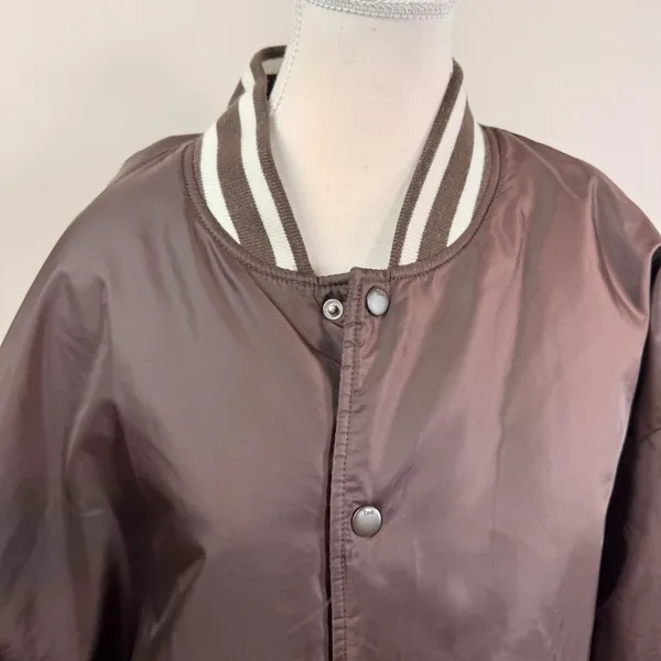 Tna Aritzia Stadium Jacket Brown Satin Varsity Bomber Striped Trim Women XL - Image 10