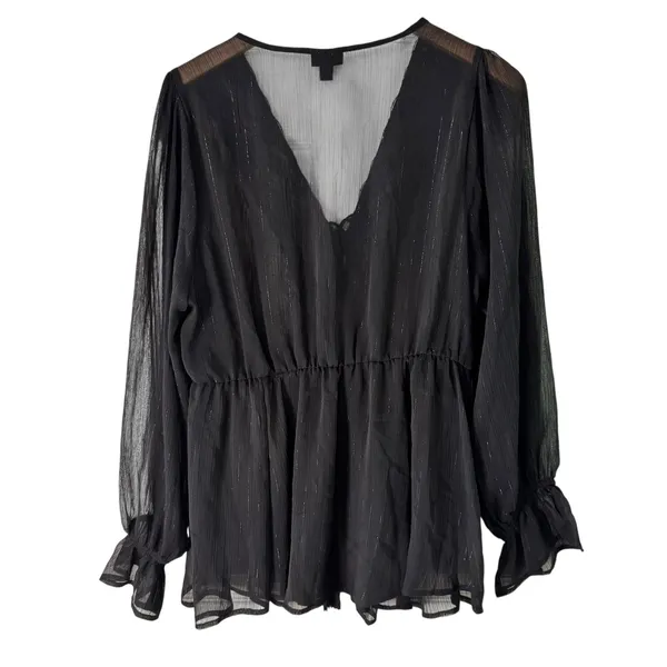 Torrid Black Sheer Long Sleeve Blouse V Neck‎ Peplum Tassel Tie Plus Size - Image 2