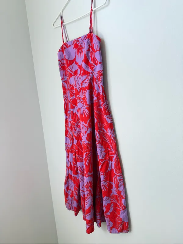 Gap Linen-Blend Midi Dress in Purple Lilac and Red Coral Floral Size Small Tall - Image 3