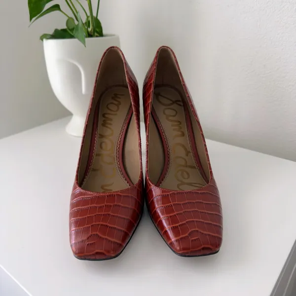 Sam Edelman Beth Cinnamon Croc Embossed Leather Square Toe Stiletto Heels 8 - Image 3