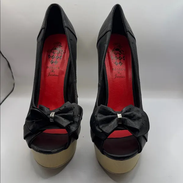 NWOT Jacobies Linda Black Peep Toe Platform Heels Wood Heel Bow Pumps Size 9 - Image 3