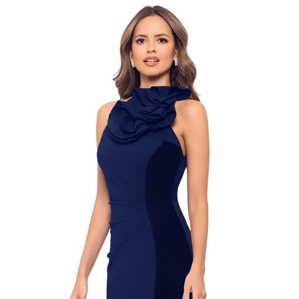 Betsy & Adam Womens Ruffled Halter Velvet-Trim Sheath Dress A26692 Navy Blue 14 - Image 8
