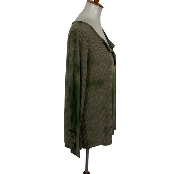 POL Womens Tie Dye Henley Top Brown Green Ribbed Long Sleeve Boho BWT686 Small - Image 3