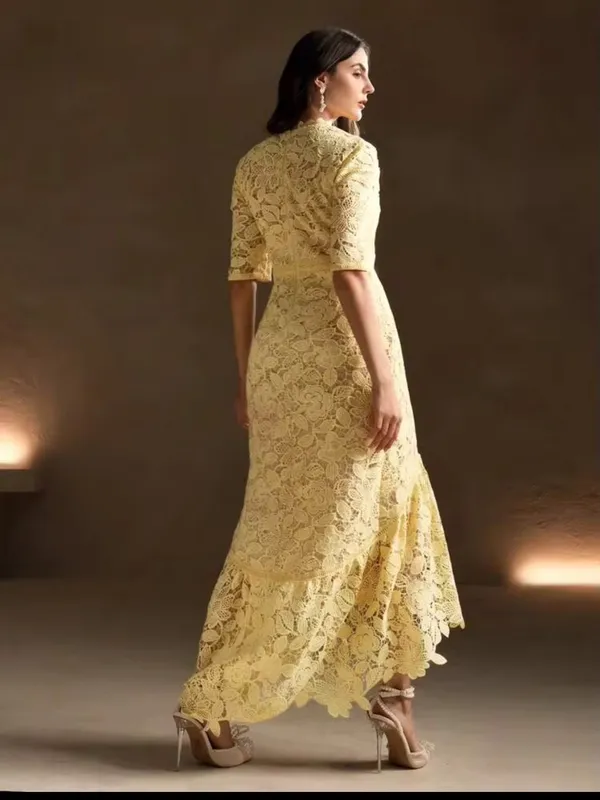 Anewsta NWT Yellow Floral Lace Short Sleeve Mermaid Maxi Dress Small - Image 2