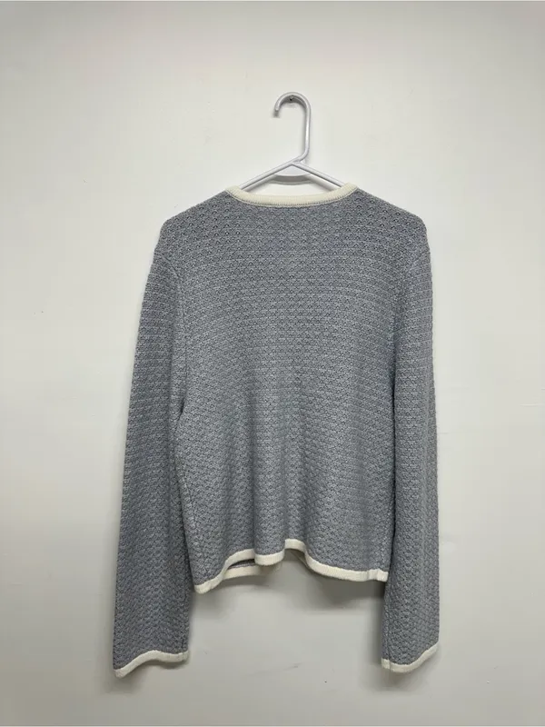 Abercrombie & Fitch Light Blue Textured Crewneck Cardigan with Cream Trim - Image 9