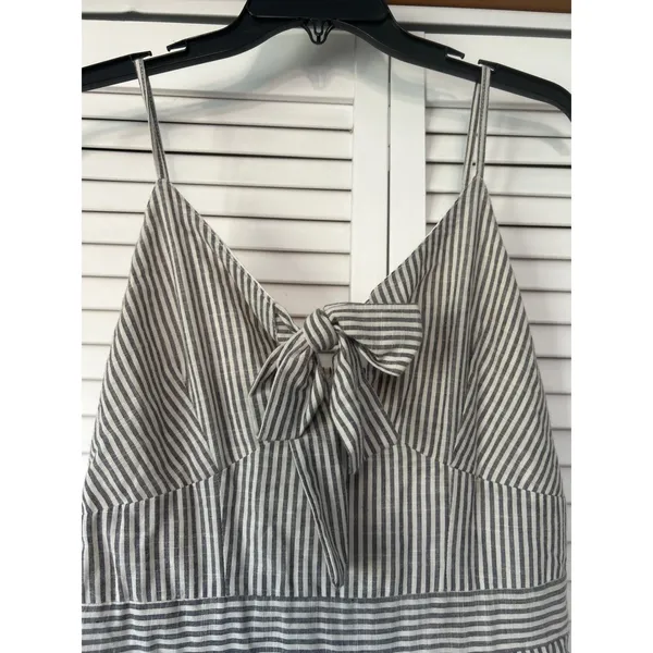 Japna Grey White Striped Tie Front Wide Leg Slit Jumpsuit Size M 100% cotton - Image 3