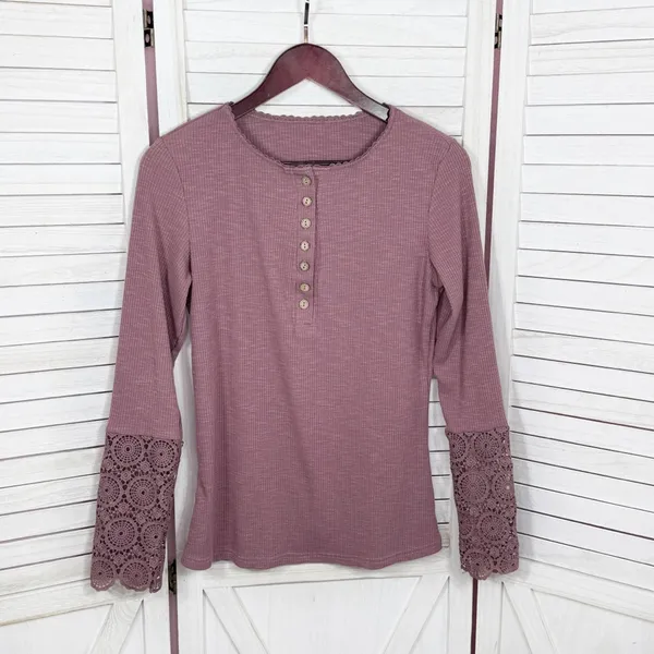 Ribbed Knit Lace Cuff Long Sleeve Henley Shirt‎ Mauve Dusty Rose Size Large - Image 8