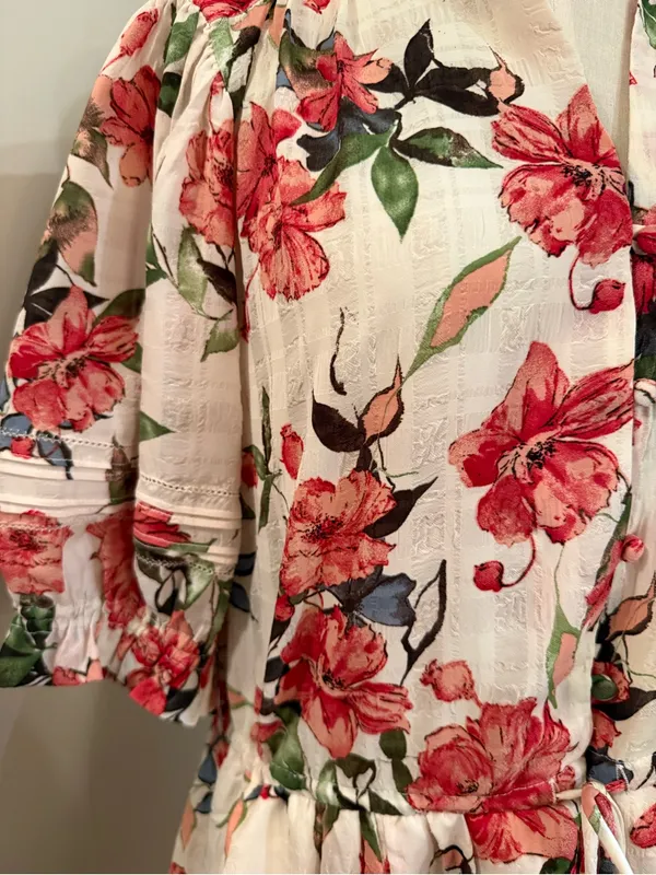 bishop + young White Dress with Pink and Green Floral Print Sz M - Image 2