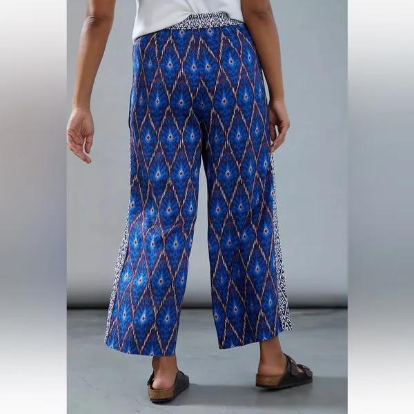 Anthropologie Value Blue Aztec Printed Wide Leg Pull On Pants‎ Sz M - Image 2